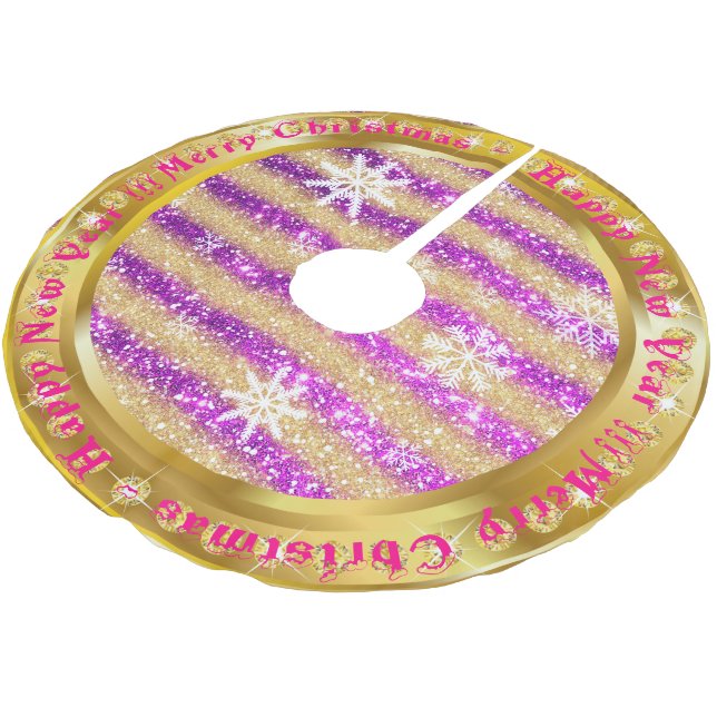 Populärer Snowflake Gold Glitzer Lila Polyester Weihnachtsbaumdecke (Schrägansicht)