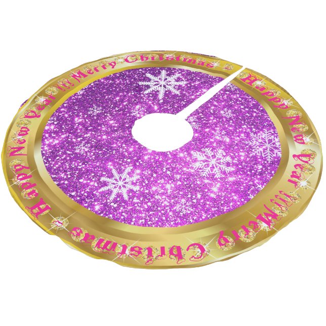 Populärer Snowflake Gold Glitzer Lila Polyester Weihnachtsbaumdecke (Schrägansicht)