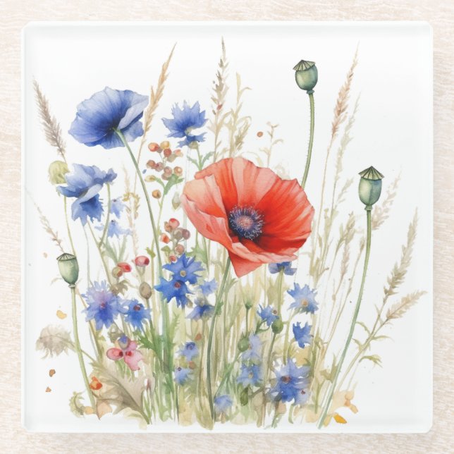 Populationen & Cornblumen: Rustikale Wiesenfarbe Glasuntersetzer (Vorderseite)