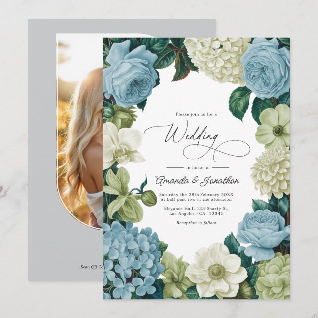 Porcelain Blue, Soft Sage & Ivory Wedding Einladung (Vorne/Hinten)