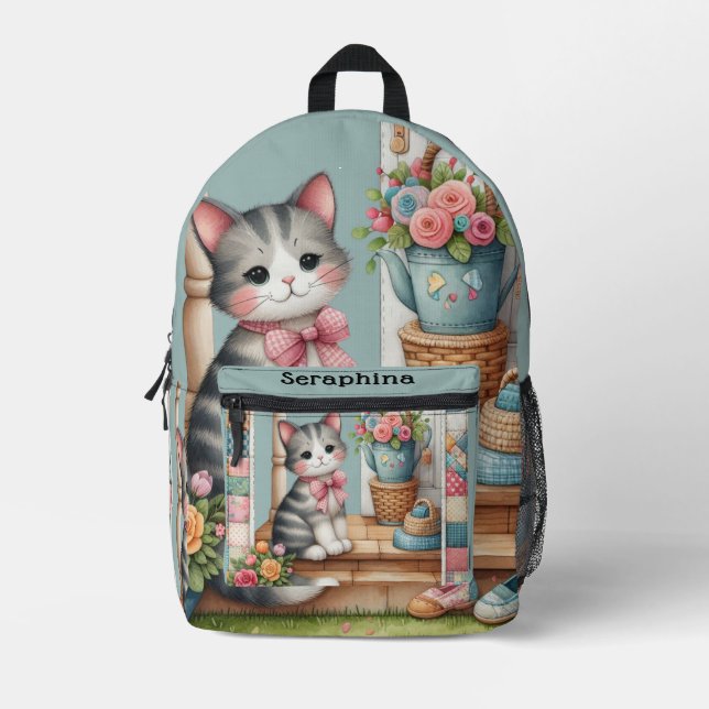 Porch Kitty Floral Patchwork Scene Bedruckter Rucksack (Vorderseite)