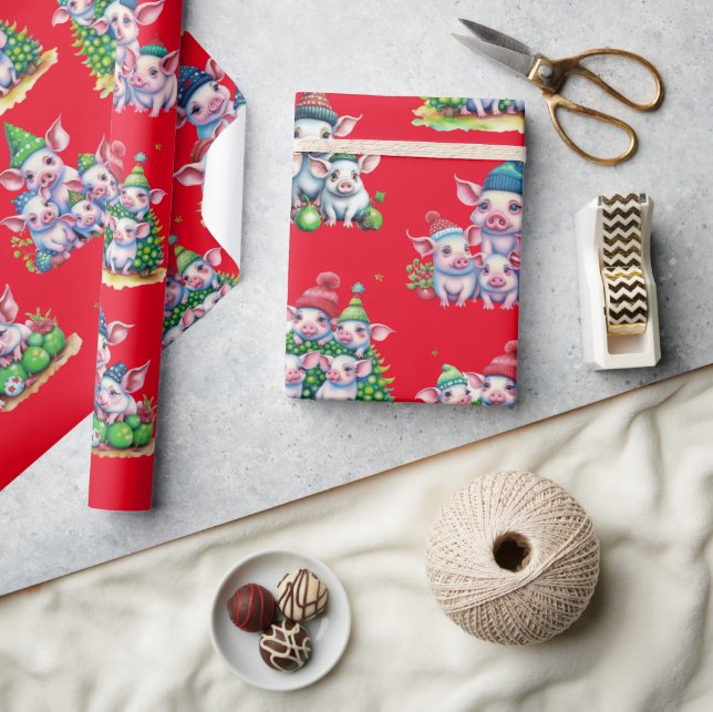Porcs adorables sur papier cadeau de Noël rouge (Artisanat)