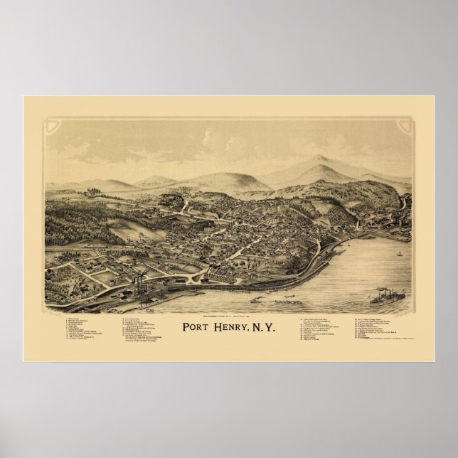 Port Henry, NY Panoramic Map - 1889 Poster (Vorne)