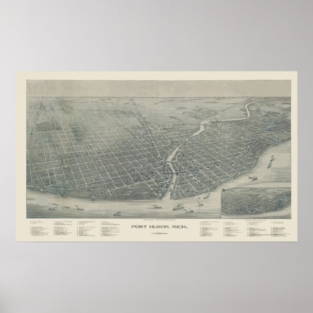 Port Huron, MI Panoramic Map - 1894 Poster (Vorne)
