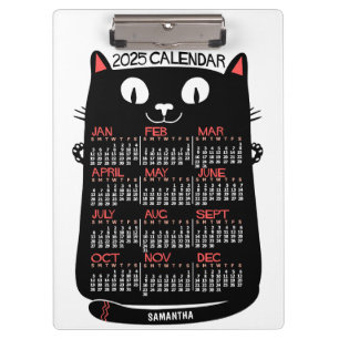Porte-bloc 2025 Année Calendrier mensuel Chat noir du milieu 