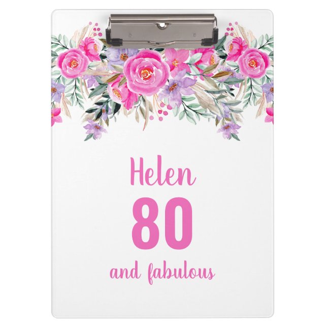 Porte-bloc 80e anniversaire blanc rose floral (Devant)