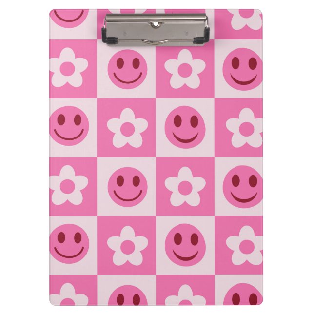 Porte-bloc à damiers fleurs et visages heureux rose (Devant)