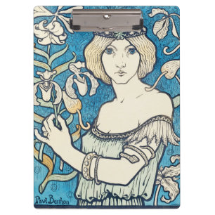Porte-bloc Affiche d'art vintage femme florale bleue Art Nouv