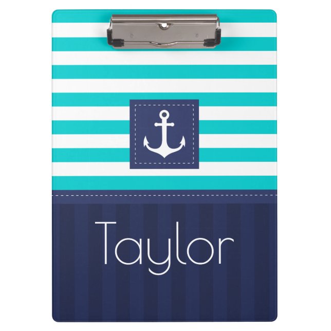 Porte-bloc Ancre moderne Aqua Navy Stripes Personnalisée (Devant)