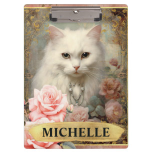 Porte-bloc Aquarelle Chat Blanc Vintage et Roses Roses