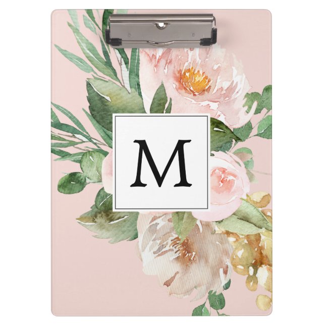 Porte-bloc Aquarelle moderne Fleurs roses Monogrammes (Devant)