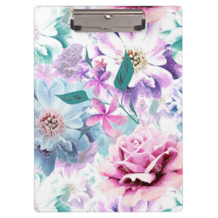 Porte-bloc Aquarelle rose, fleurs bleues.