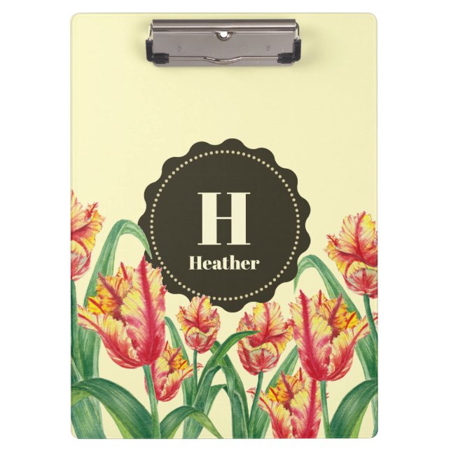 Porte-bloc Aquarelle Tulipes de perroquets jaunes Monogramme  (Devant)