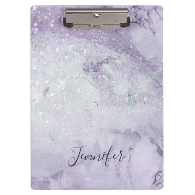Porte-bloc Beau marbre violet et Parties scintillant Monogram (Devant)