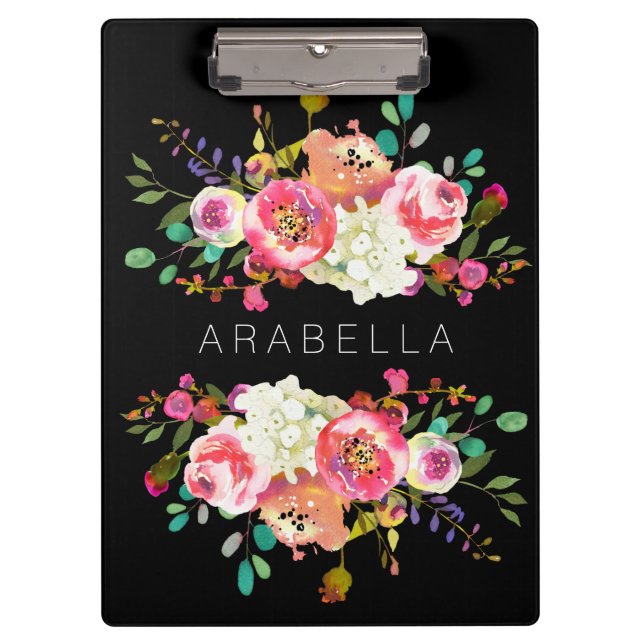 Porte-bloc Belle aquarelle florale avec votre noir nommé de | (Devant)