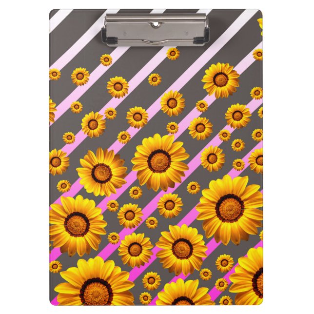 Porte-bloc Belles fleurs jaunes sur gris, rayures roses (Devant)