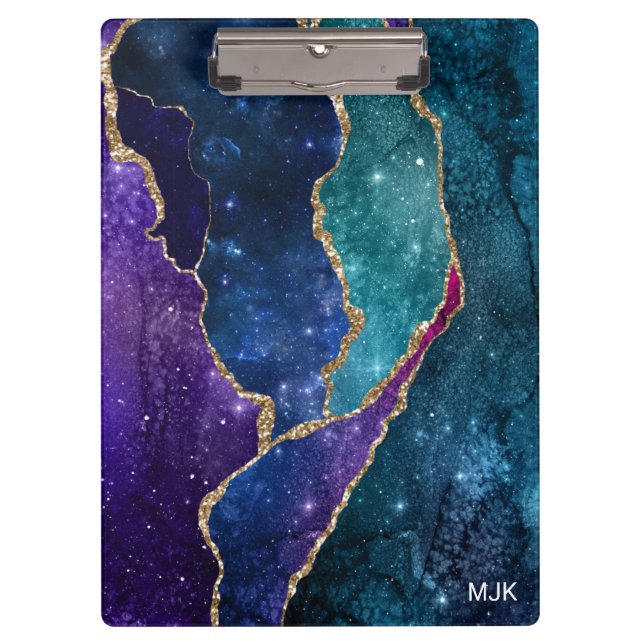 Porte-bloc Blue Purple Aqua Gold Veines Agate Monogramme (Devant)