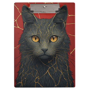 Porte-bloc Chat Noir Avec Accent De Fissures Kintsugi Dorées 