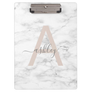 Porte-bloc Chic Blush Pink White Marble Script Nom Monogram