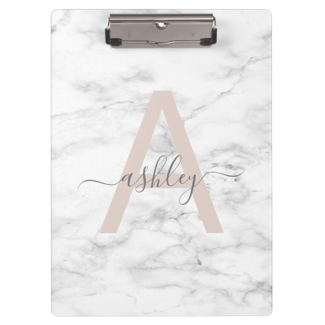 Porte-bloc Chic Blush Pink White Marble Script Nom monogram (Devant)