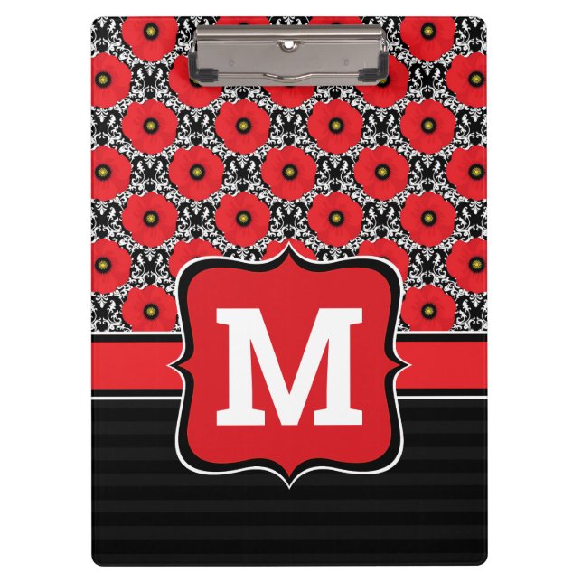 Porte-bloc Chic Chic Rouge, Noir & Blanc Poppies Monogramme (Devant)