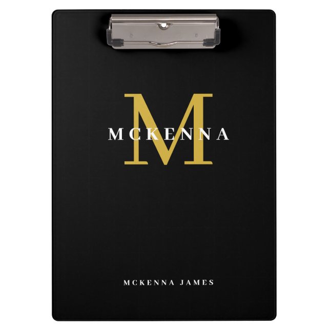 Porte-bloc Chic Monogramme Moderne Noir Or Nom Initial  (Devant)