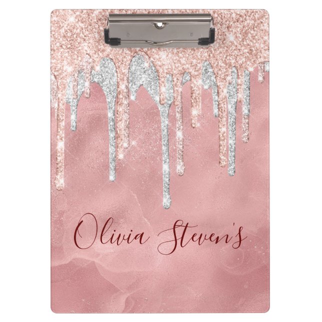 Porte-bloc Chic rose rousse argent goutte à goutte monogramme (Devant)