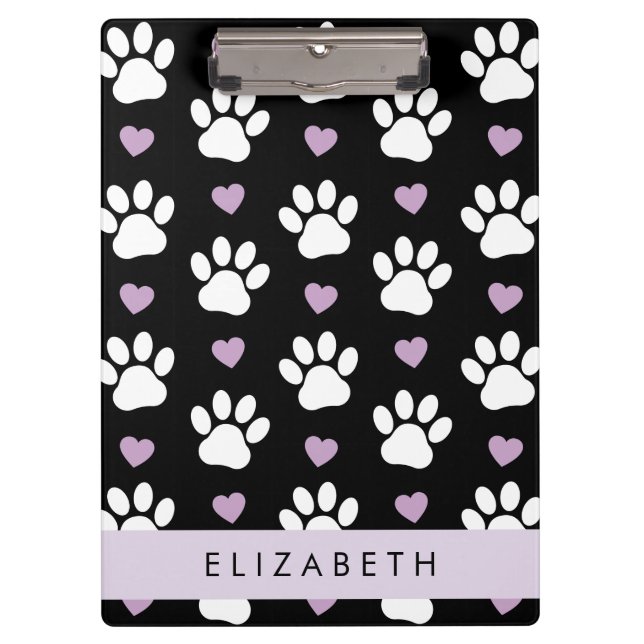 Porte-bloc Chien Paws, White Paws, Lilac Hearts, Votre Nom (Devant)
