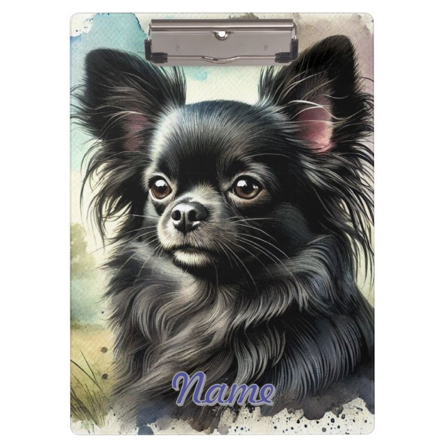 Porte-bloc Chihuahua noir à long haïre en aquarelle (Devant)