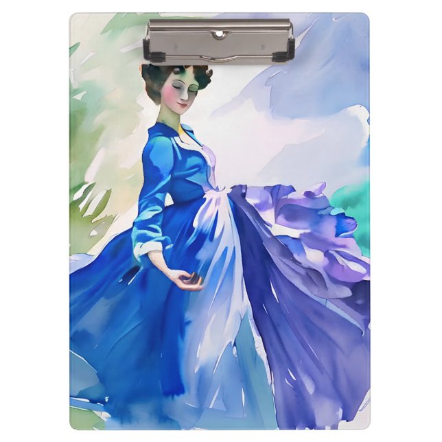 Porte-bloc Dame en Robe Bleue - Peinture aquarelle (Devant)