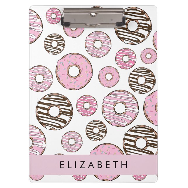 Porte-bloc Donuts Roses, Donuts Blancs, Sprinkings, Votre Nom (Devant)