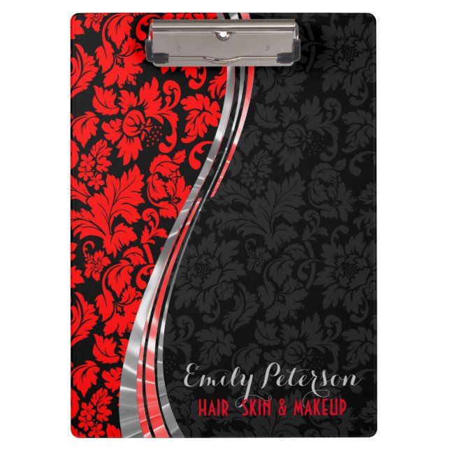 Porte-bloc Élégant Damas Noir & Rouge Avec Accents Argent (Devant)
