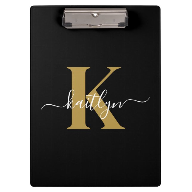 Porte-bloc Élégant Monogramme Black Gold Script (Devant)