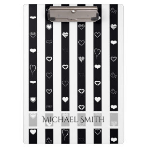 Porte-bloc Elégant noir blanc rayures Motif de coeur moderne