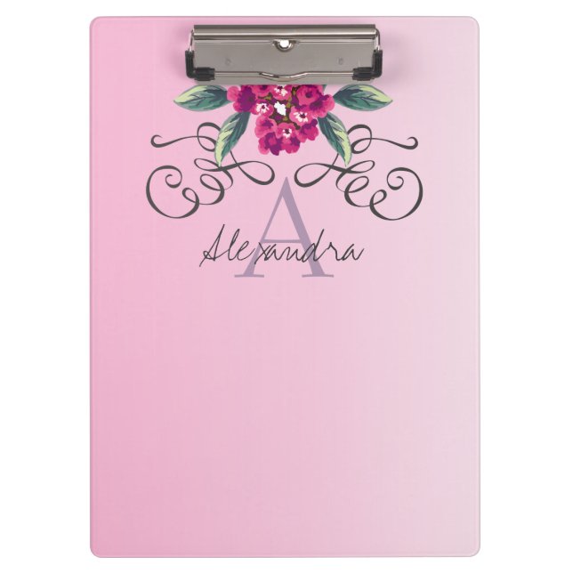 Porte-bloc Élégant Rose Floral Monogram Chic (Devant)
