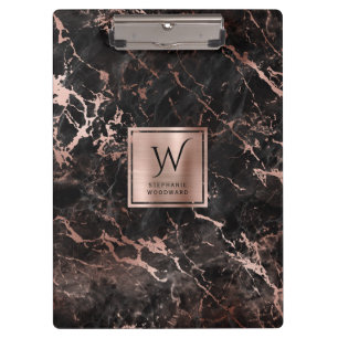 Porte-bloc Élégant Rose noir marbre or Monogramme