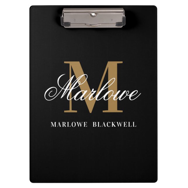Porte-bloc Élégante calligraphie de monogramme d'or noir (Devant)