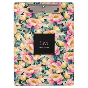 Porte-bloc Elégante pivoine aquarelle sur monogramme noir