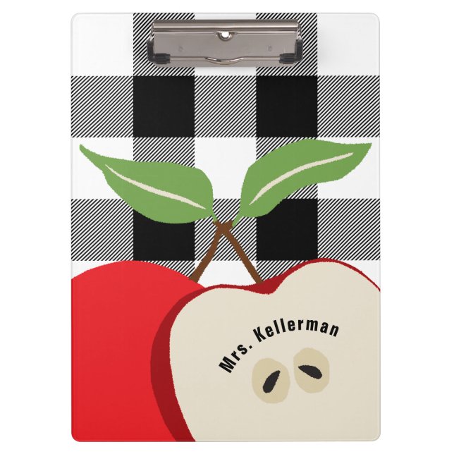Porte-bloc Enseignant Pomme Blanc Buffalo Plaid Nom Monogramm (Devant)