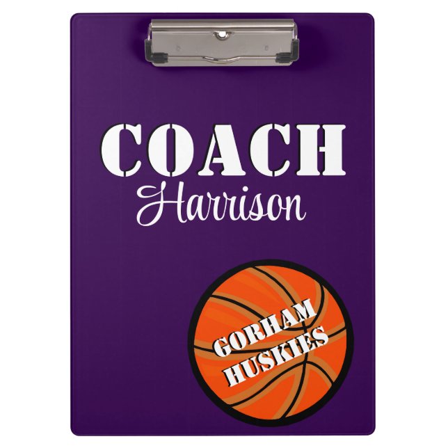 Porte-bloc Entraîneur de l'équipe Basketball violet et blanc  (Devant)