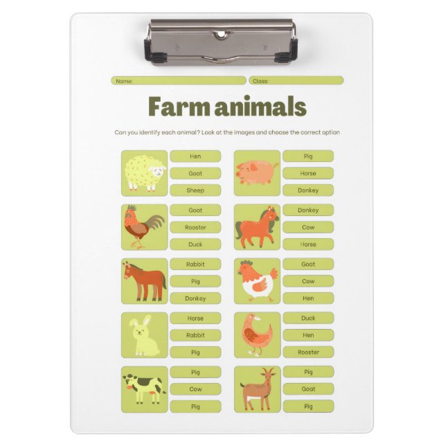 Porte-bloc Farm Animals Identification Educational Worksheet (Devant)