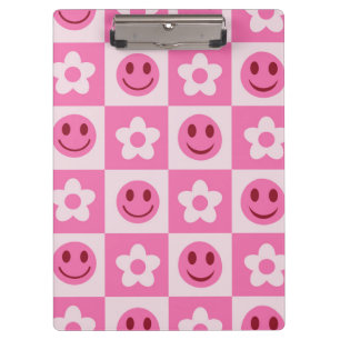 Porte-bloc Fleurs à carreaux et visages heureux rose 