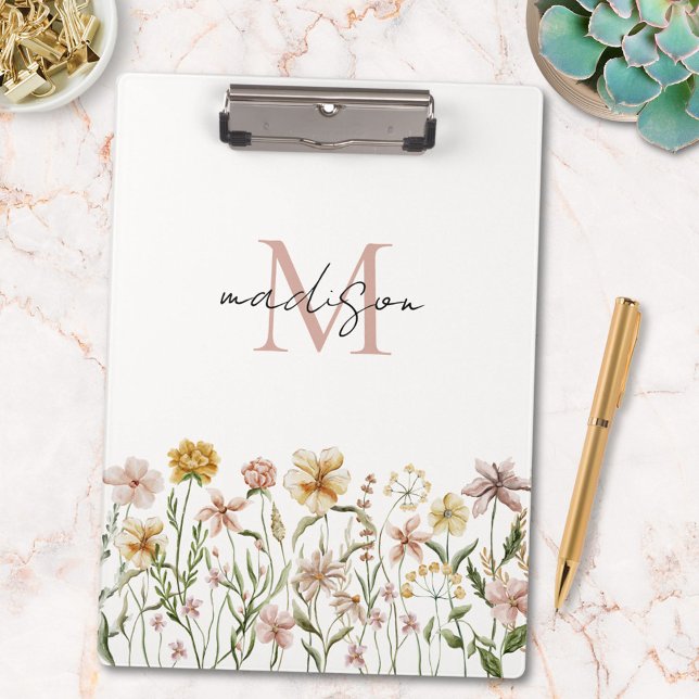 Porte-bloc Fleurs de prairie sauvage aquarelle monogrammée (In situ)
