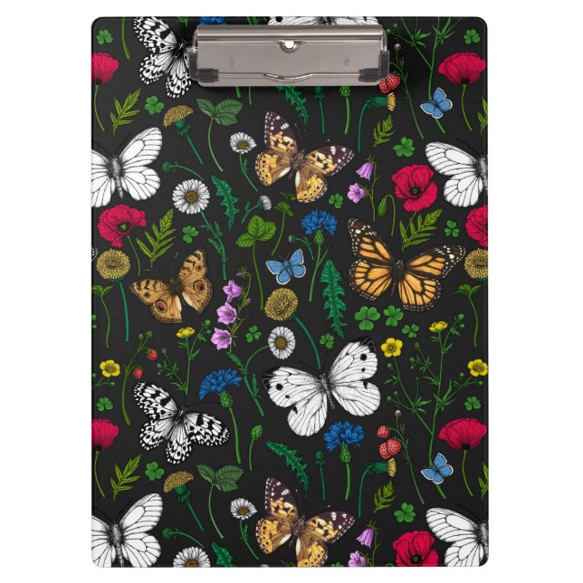 Porte-bloc Fleurs sauvages et papillons sur le noir (Devant)