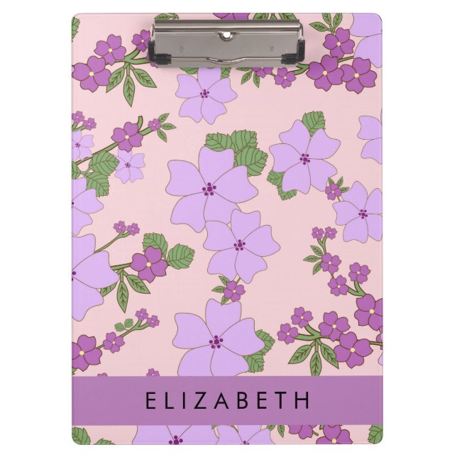 Porte-bloc Fleurs Violettes, Motif De Fleurs, Votre Nom (Devant)