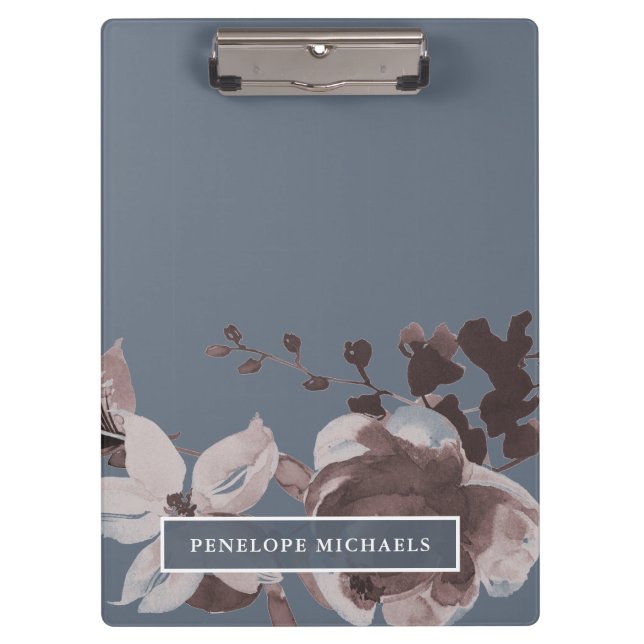 Porte-bloc Fumé bleu et Rose poussiéreux Floral avec nom (Devant)