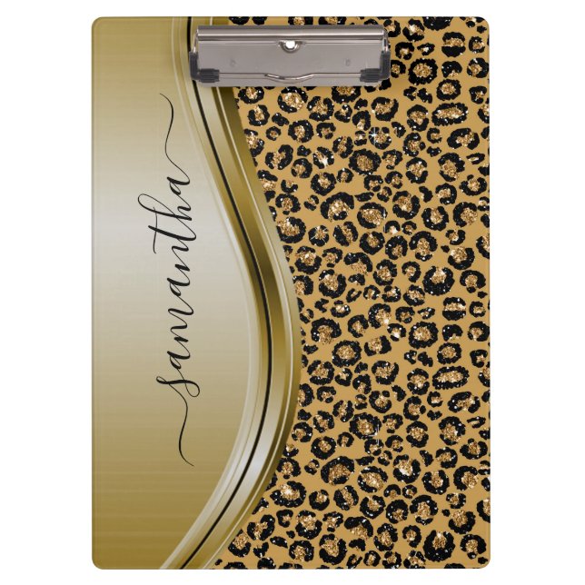 Porte-bloc Gold Leopard Nom manuscrit Monogramme métallique (Devant)