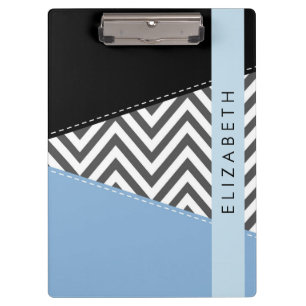Porte-bloc Grey Zigzag, Grey Chevron, Bleu, Votre Nom