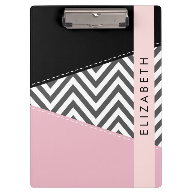 Porte-bloc Grey Zigzag, Grey Chevron, Rose, Votre Nom (Devant)