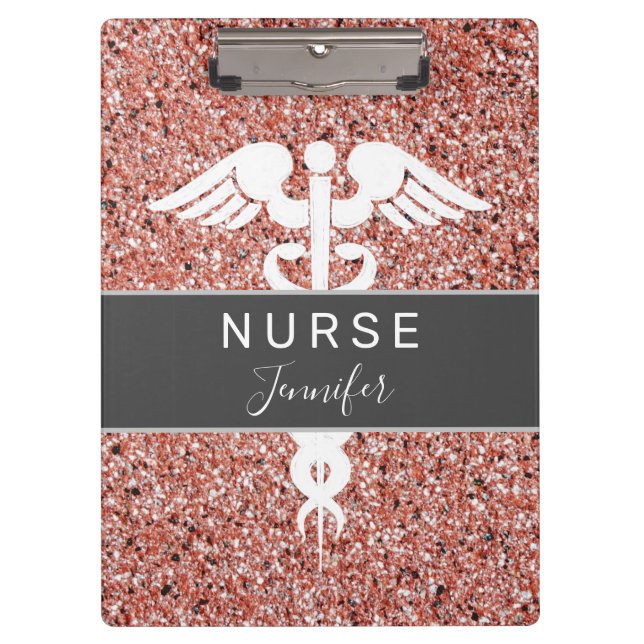 Porte-bloc Infirmière Médicale Caduceus Rose Nom de la Partie (Devant)